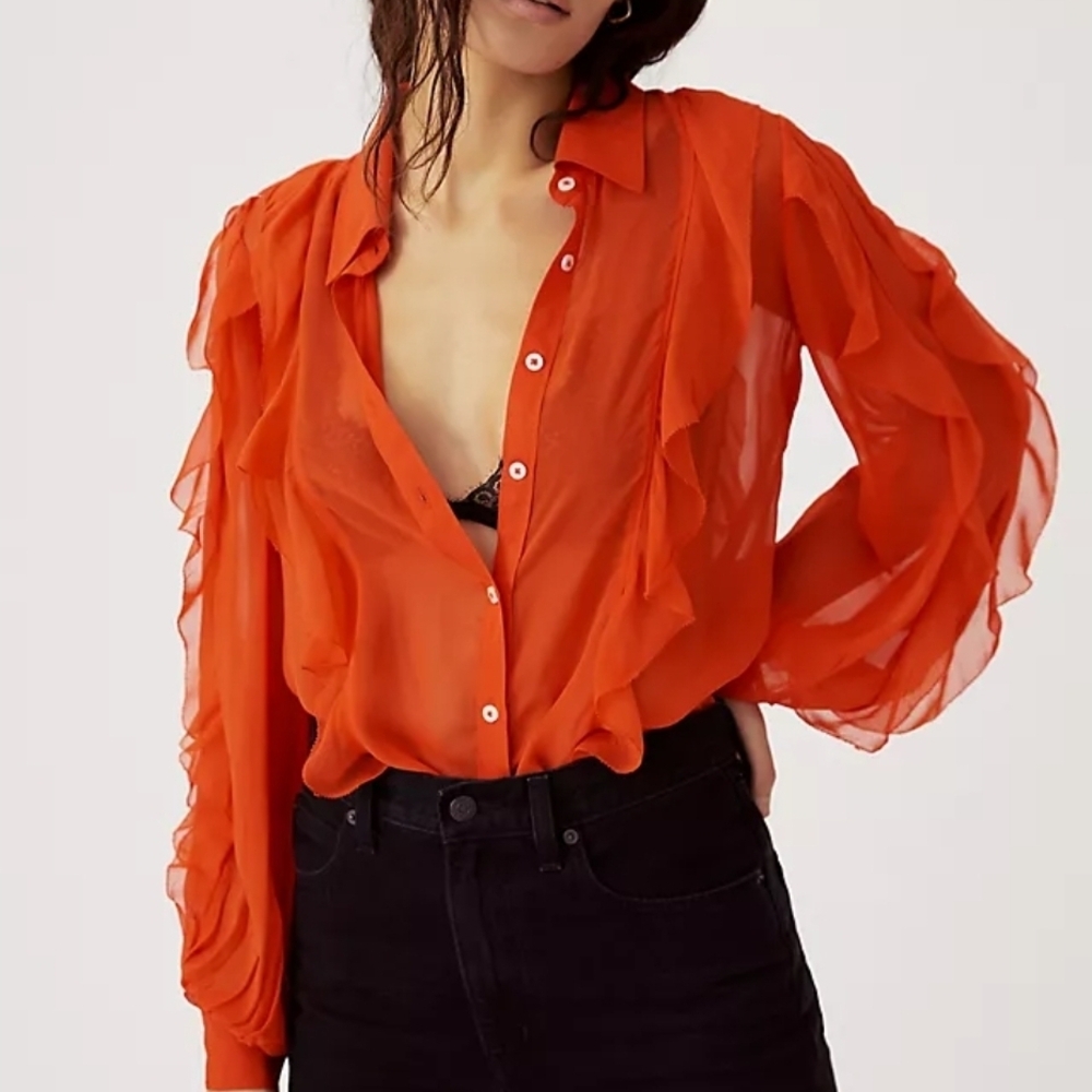 Maeve Anthropologie Sheer Ruffled Button-Front Blouse - Bright Orange